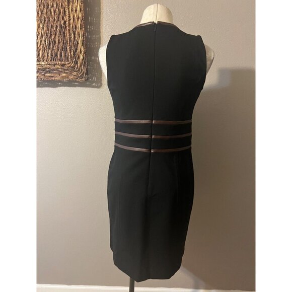 Ralph Lauren Sheath Dress 8 Black Brown Leather Trim Career Stretch Sleeveless - Picture 4 of 6